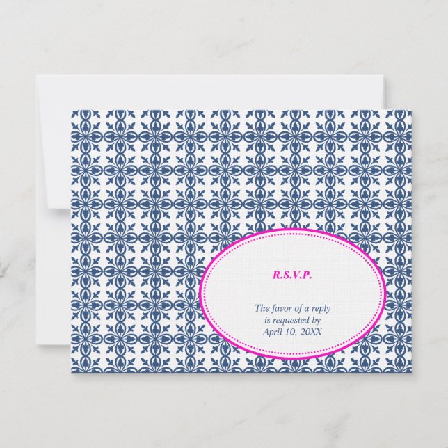 Pink navy oval lace preppy wedding response RSVP (Front)