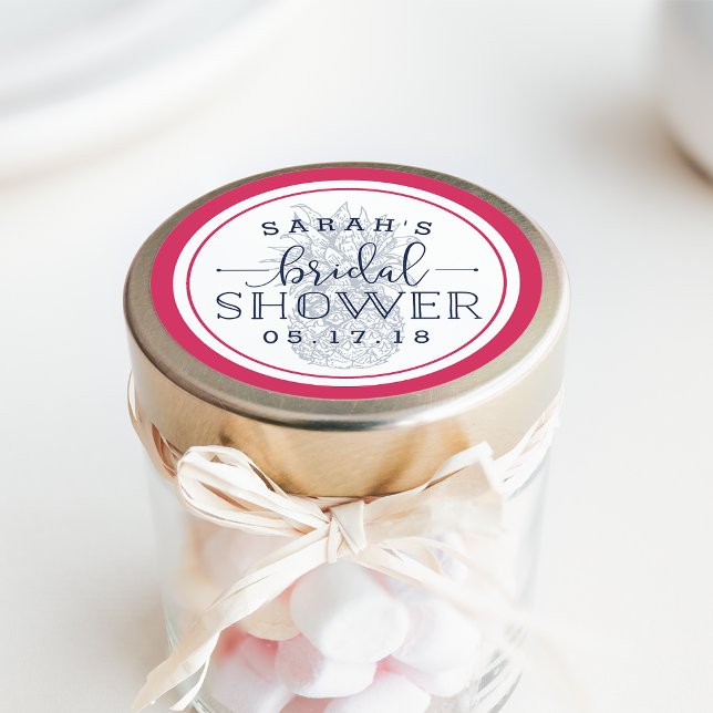 Pink & Navy Pineapple Bridal Shower Classic Round Sticker (Creator Uploaded)