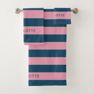Pink Navy Stripe Modern Trendy Preppy Name Bath Towel Set