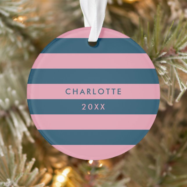 Pink Navy Stripe | Modern Trendy Preppy Name Ornament (Tree)