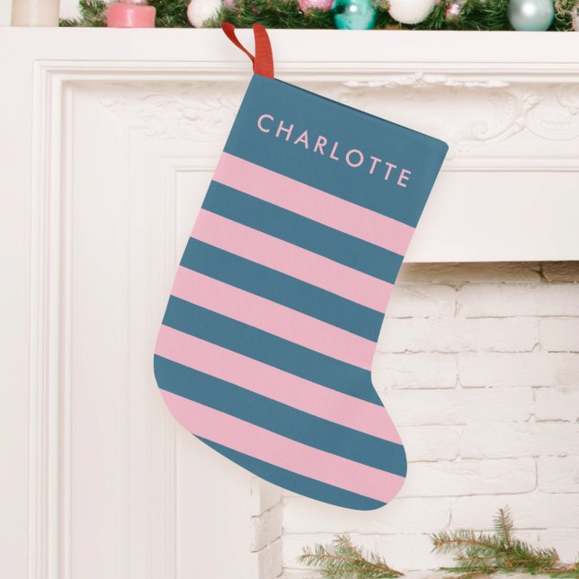 Pink Navy Stripe | Modern Trendy Preppy Name Small Christmas Stocking (Creator Uploaded)