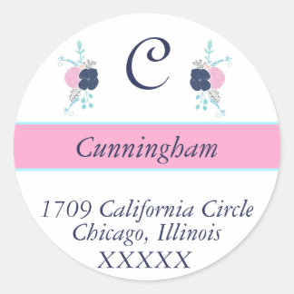 Pink, Navy & Teal Floral Return Address Label- Classic Round Sticker