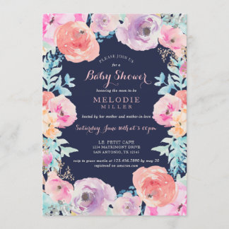 Pink Navy Vintage Floral Baby Shower Invitation