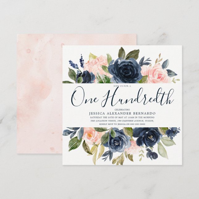 Pink Navy Watercolor Flowers 100th Birthday Party Invitation (Front/Back)