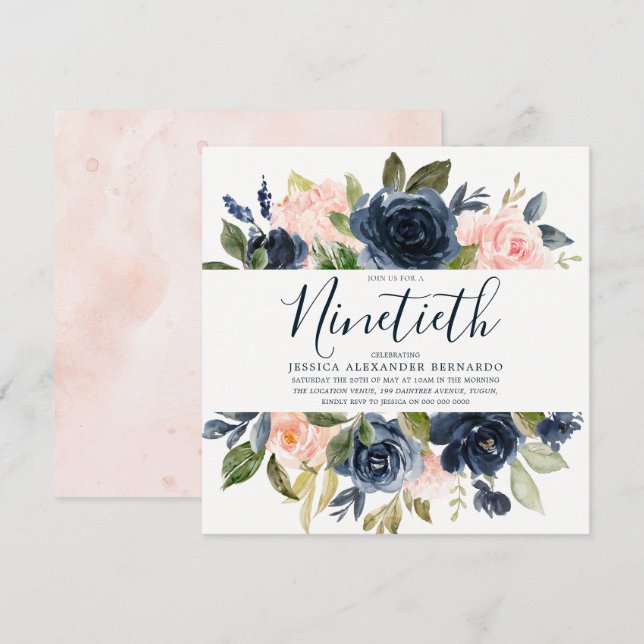 Pink & Navy Watercolor Flowers 90th Birthday Party Invitation (Front/Back)