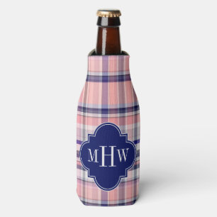 Pink Navy White Preppy Madras Quatrefoil Monogram Bottle Cooler