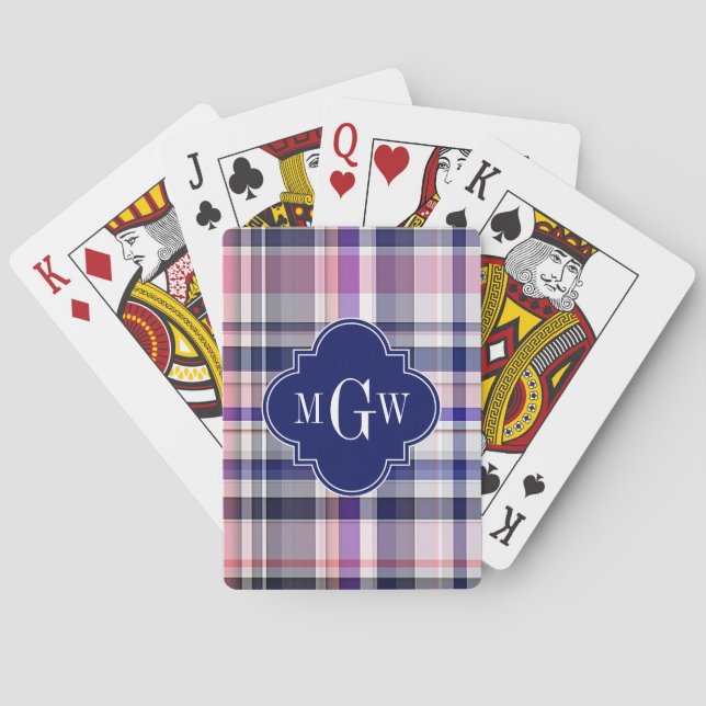 Pink Navy White Preppy Madras Quatrefoil Monogram Playing Cards (Back)