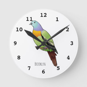 Pink-necked green pigeon bird cartoon illustration round clock