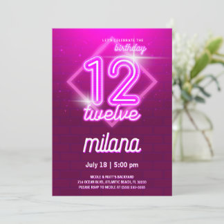 Pink Neon 12e Anniversaire Carte d'invitation