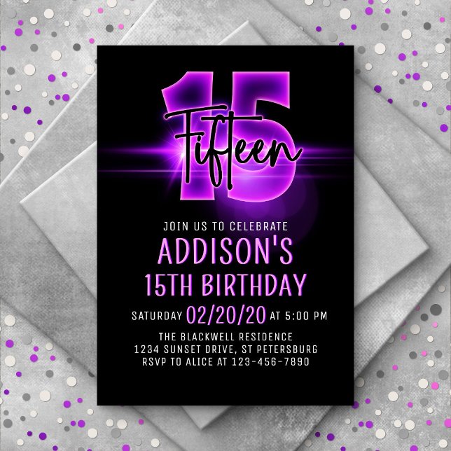 Pink Neon 15e anniversaire Invitation (Créateur téléchargé)