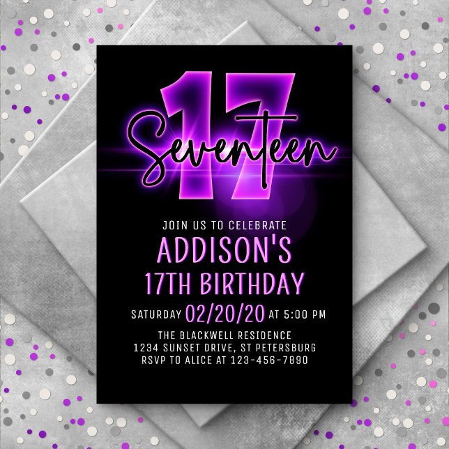 Pink Neon 17e anniversaire Invitation (Créateur téléchargé)