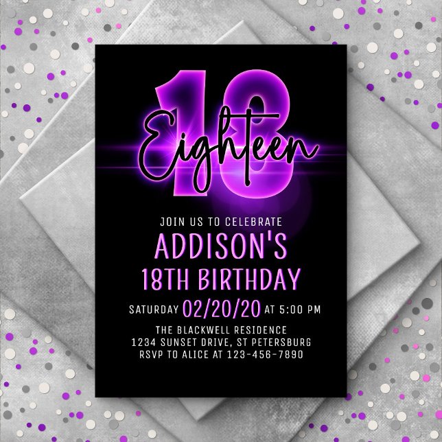 Pink Neon 18e anniversaire Invitation (Créateur téléchargé)