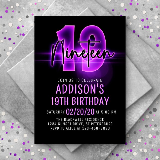 Pink Neon 19e anniversaire Invitation (Créateur téléchargé)