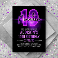 Pink Neon 19th Birthday Invitation