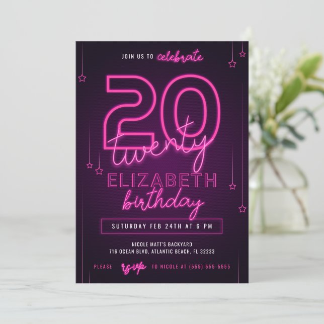 Pink Neon 20th Birthday Party Let's Glow Crazy Invitation (Standing Front)