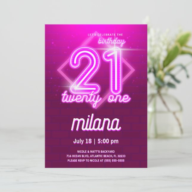 Pink Neon 21e Anniversaire Carte d'invitation (Debout devant)