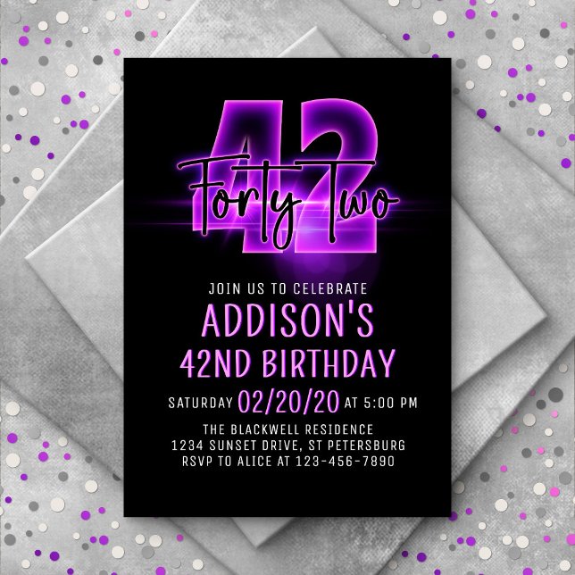 Pink Neon 42nd Birthday Invitation (Creator Uploaded)