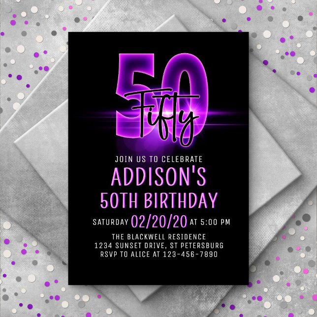 Pink Neon 50th Birthday Invitation (Creator Uploaded)