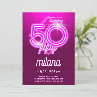 Pink Neon 50th Birthday Party Invitation Card