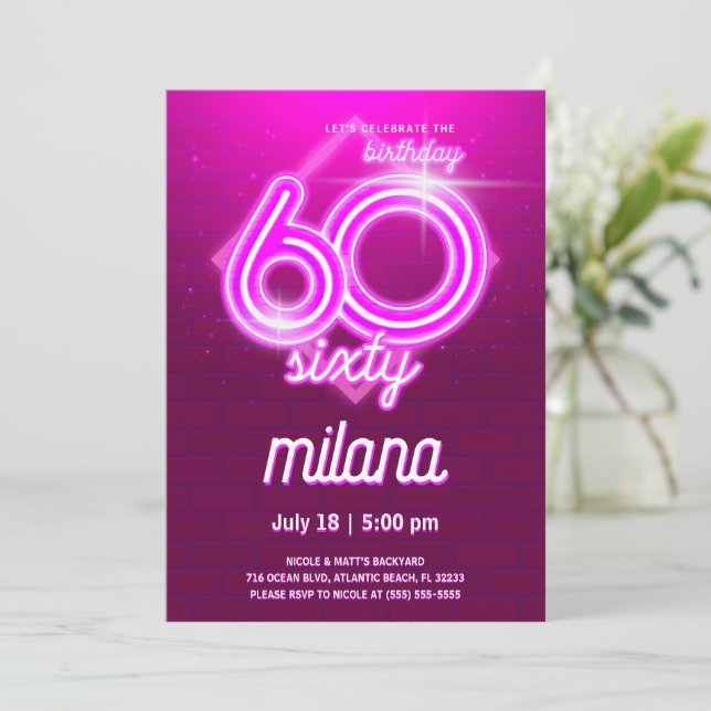 Pink Neon 60th Birthday Party Invitation Card (Standing Front)
