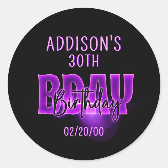 Pink Neon Birthday Classic Round Sticker (Front)
