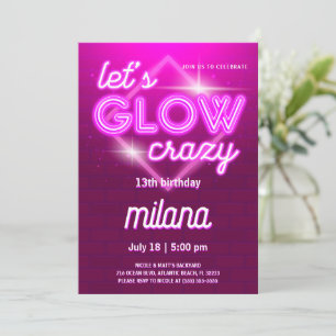 Pink Neon Birthday Party Invitation Card