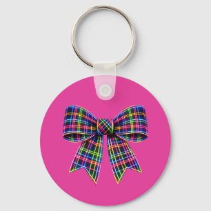 Pink Neon Bow Tartan Ribbon Scottish Cute Keychain
