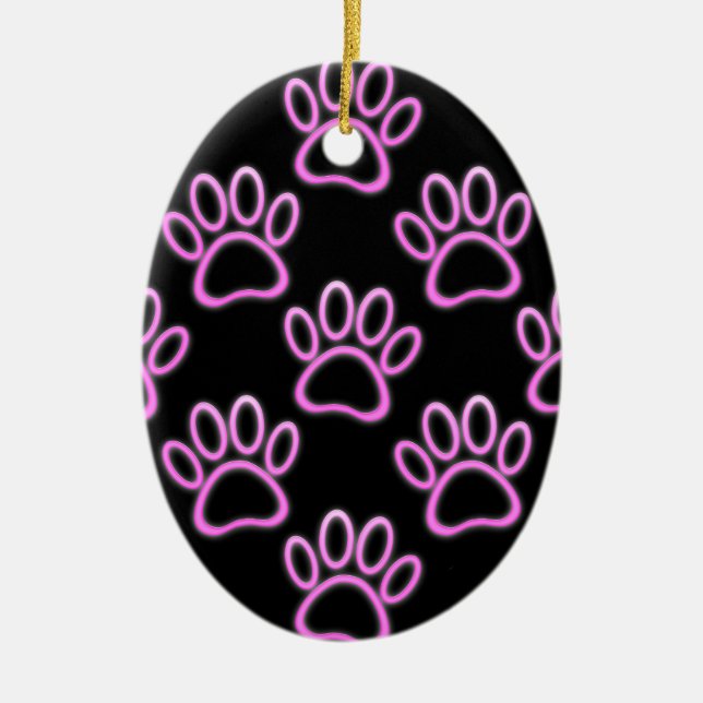 Pink Neon Dog Paw Print Ceramic Ornament (Front)