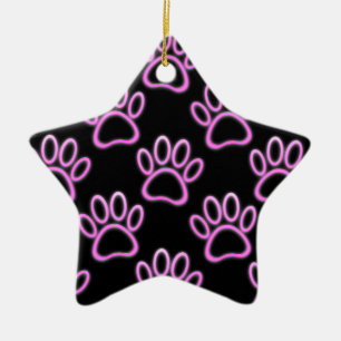 Pink Neon Dog Paw Print Ceramic Ornament