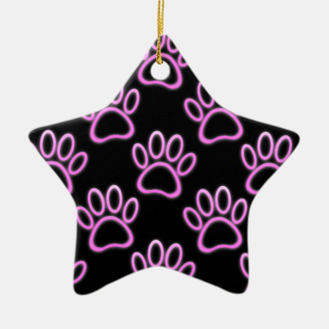 Pink Neon Dog Paw Print Ceramic Ornament (Front)
