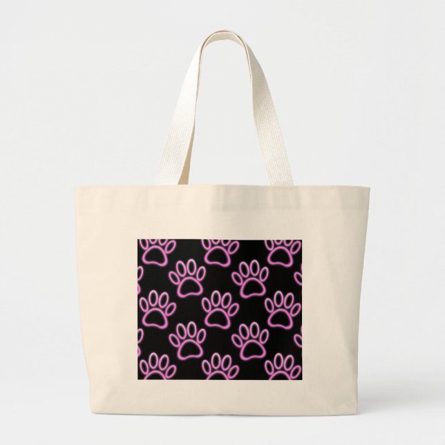 Pink Neon Dog Paw Print Large Tote Bag (Front)