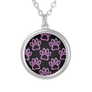 Pink Neon Dog Paw Print Silver Plated Necklace