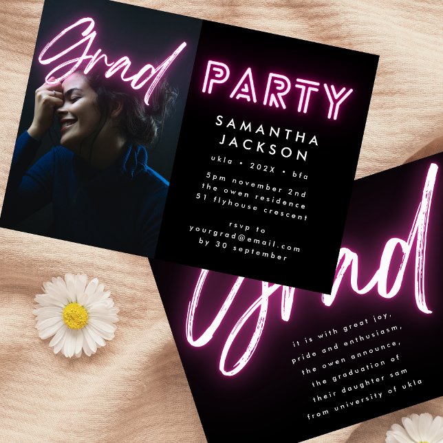 Pink Neon Elegant Ombre Grad Photo Party Invitation (Creator Uploaded)