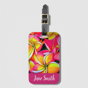 Pink neon Frangipani Plumeria Beach art Luggage Tag