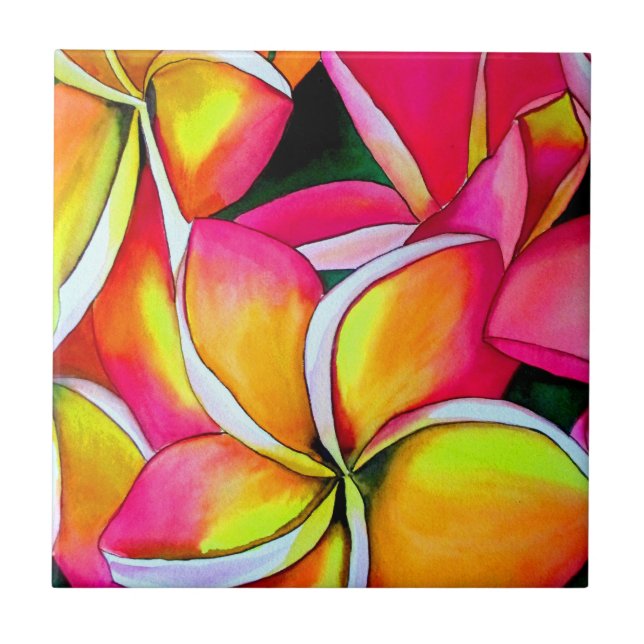 Pink neon Frangipani Plumeria Beach art Tile (Front)