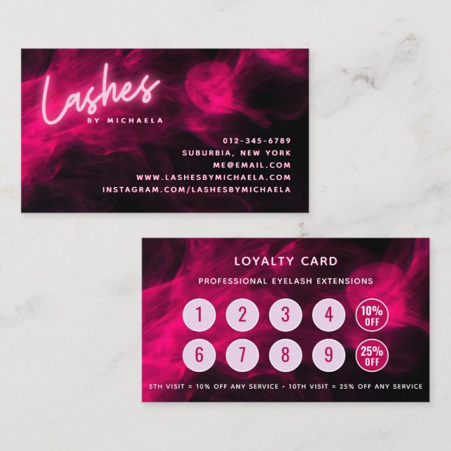 Pink Neon Lashes/Eyelash Extensions Loyalty Cards (Front/Back)
