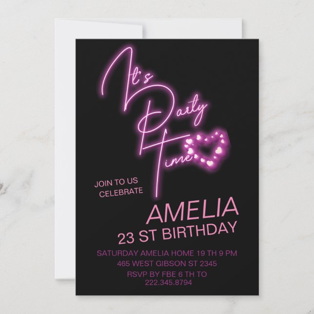 Pink Neon Light Invitation d'anniversaire (Devant)