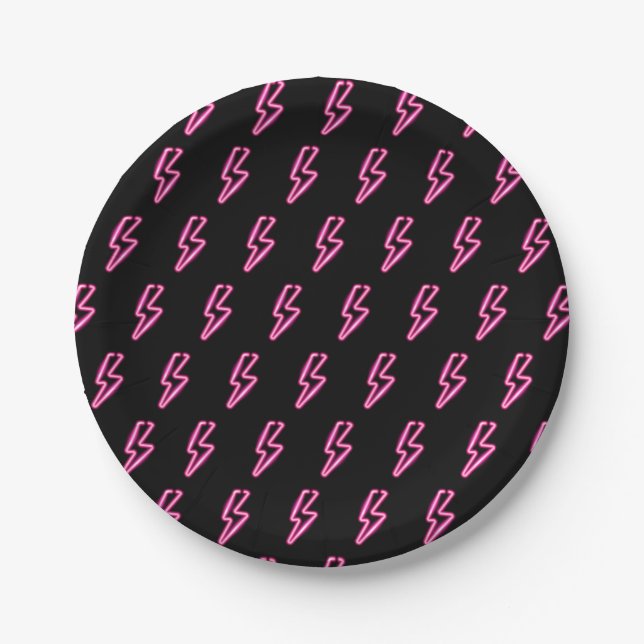 Pink Neon Lightning Bolt Pattern Paper Plate (Front)