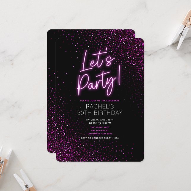 Pink Neon moderne Anniversaire Fête Invitation (Devant/Arrière en situation)