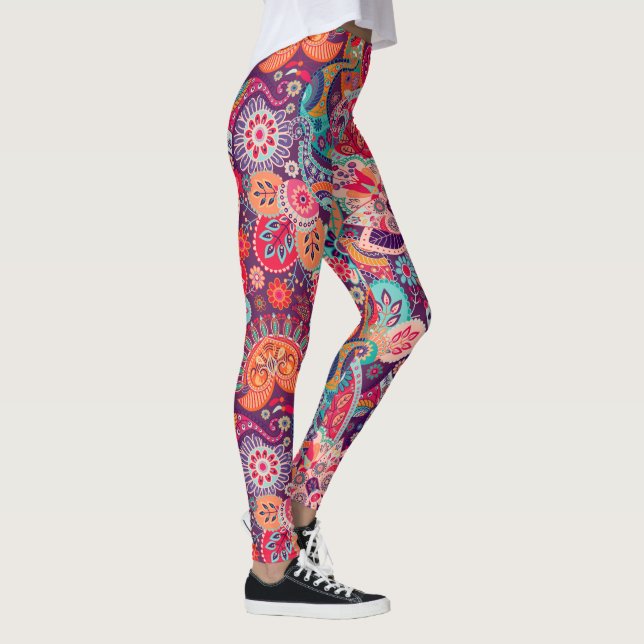 Pink neon Paisley floral pattern Leggings (Right)