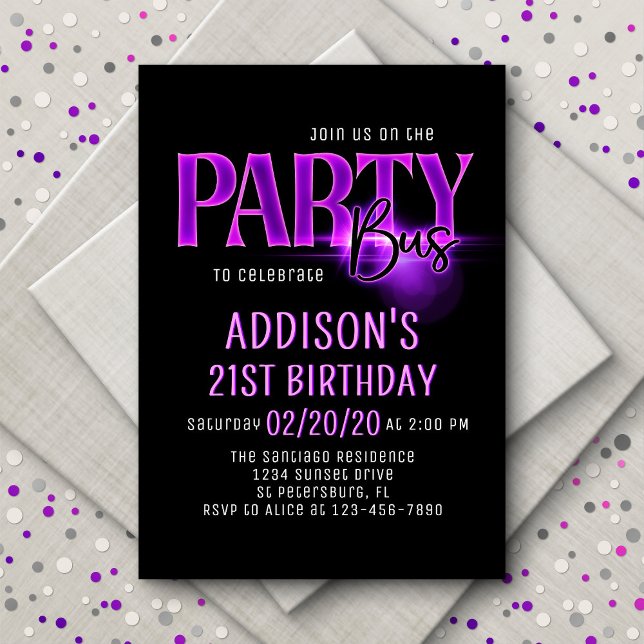Pink Neon Party Bus Anniversaire Invitation (Créateur téléchargé)