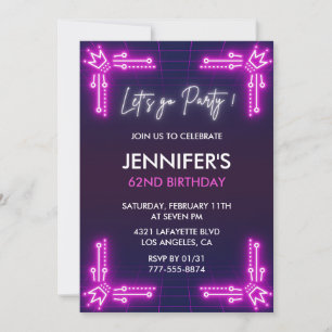 Pink Neon Simple 62nd birthday invitations Girl 