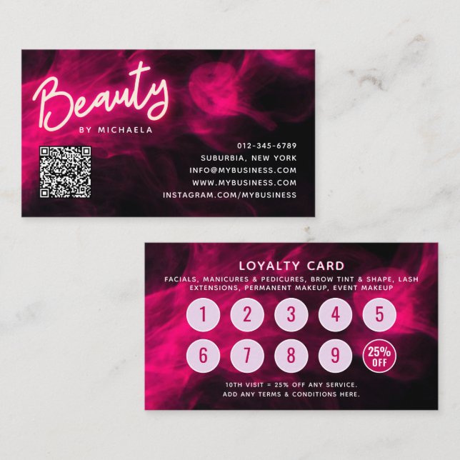Pink Neon & Smoke Lash Salon QR Code Loyalty Card (Front/Back)