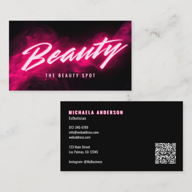 Pink Neon & Smoke Lash Tech QR Code & Socials Business Card (Front/Back)