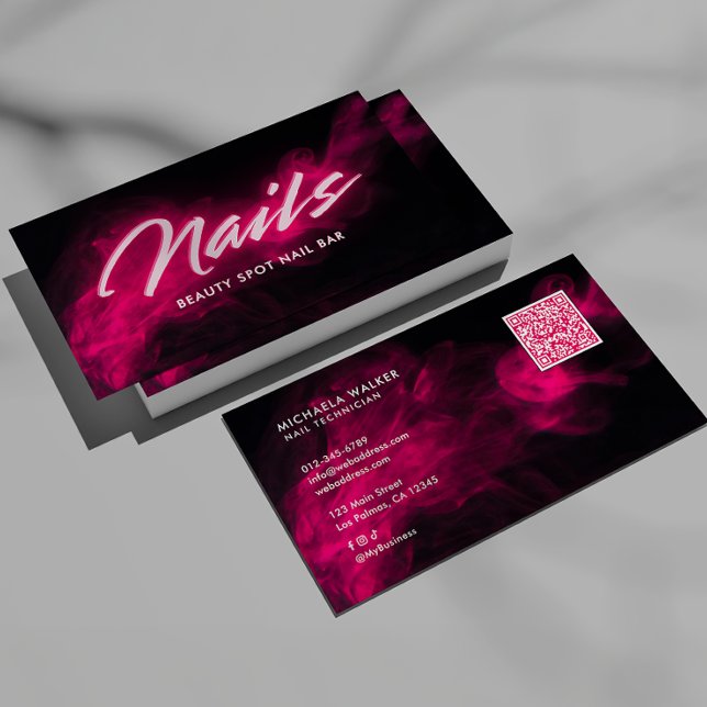 Pink Neon & Smoke Nail Salon QR Code & Socials Business Card (Creator Uploaded)