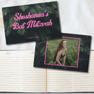 Pink Neon Tropical Bat Mitzvah Party Water Label Guest Book