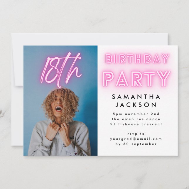 Pink Neon White Ombre 18TH Birthday Party Photo Invitation (Front)