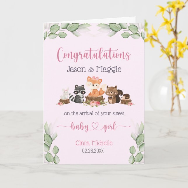 Pink New Baby Girl Personalized Congratulations  Card (Yellow Flower)