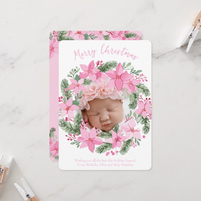 Pink New Baby Photo Carte de Noël Girl Poinsettia (Devant/Arrière en situation)