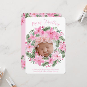 Pink New Baby Photo Christmas Card Girl Poinsettia